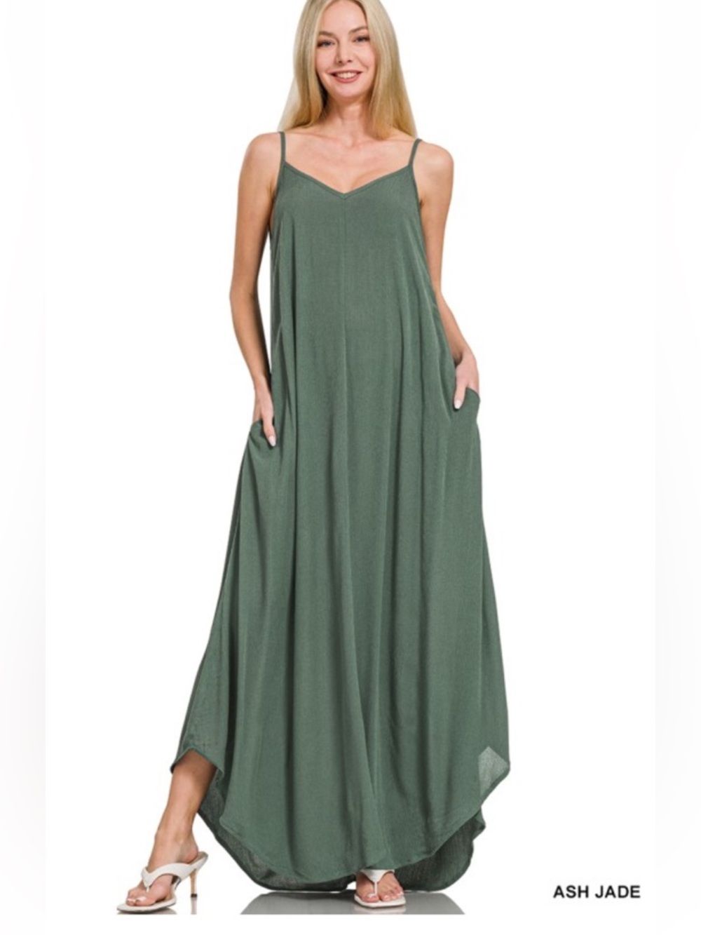 Zenana Woven Crinkle Cami Maxi Dress W Side Pockets - Ash Jade